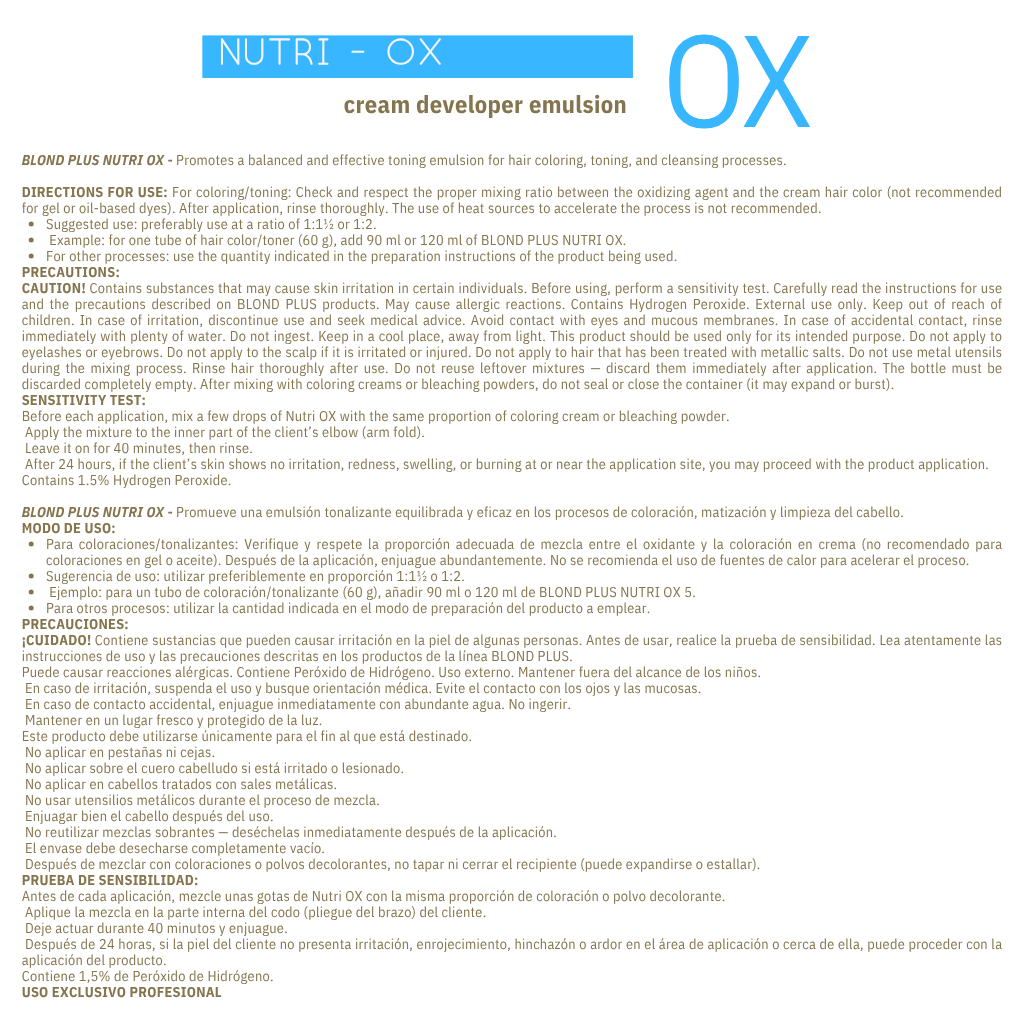 BLOND PLUS NUTRI OX 30 VOL - 900ML PROFESSIONAL DEVELOPER